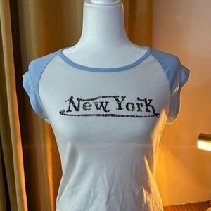 Vtg 00s/Y2K Kavio New York Raglan Baby Tee Blue White Graphic Ringer Shirt